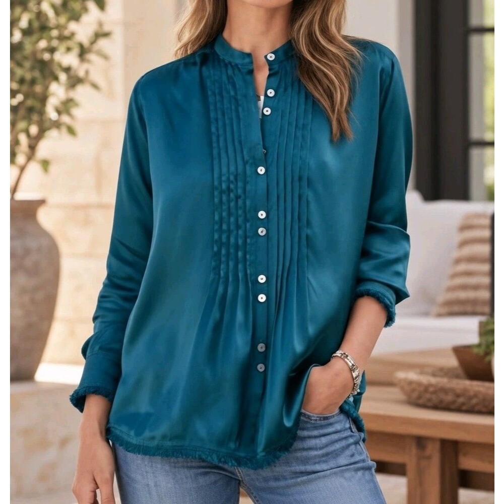 SUNDANCE Blue Delphine Highland 100% Silk Button Blouse - S